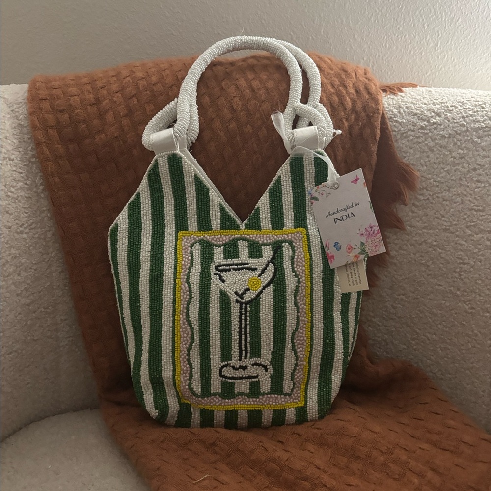 Green and White Striped Beaded Bag with Martini Design